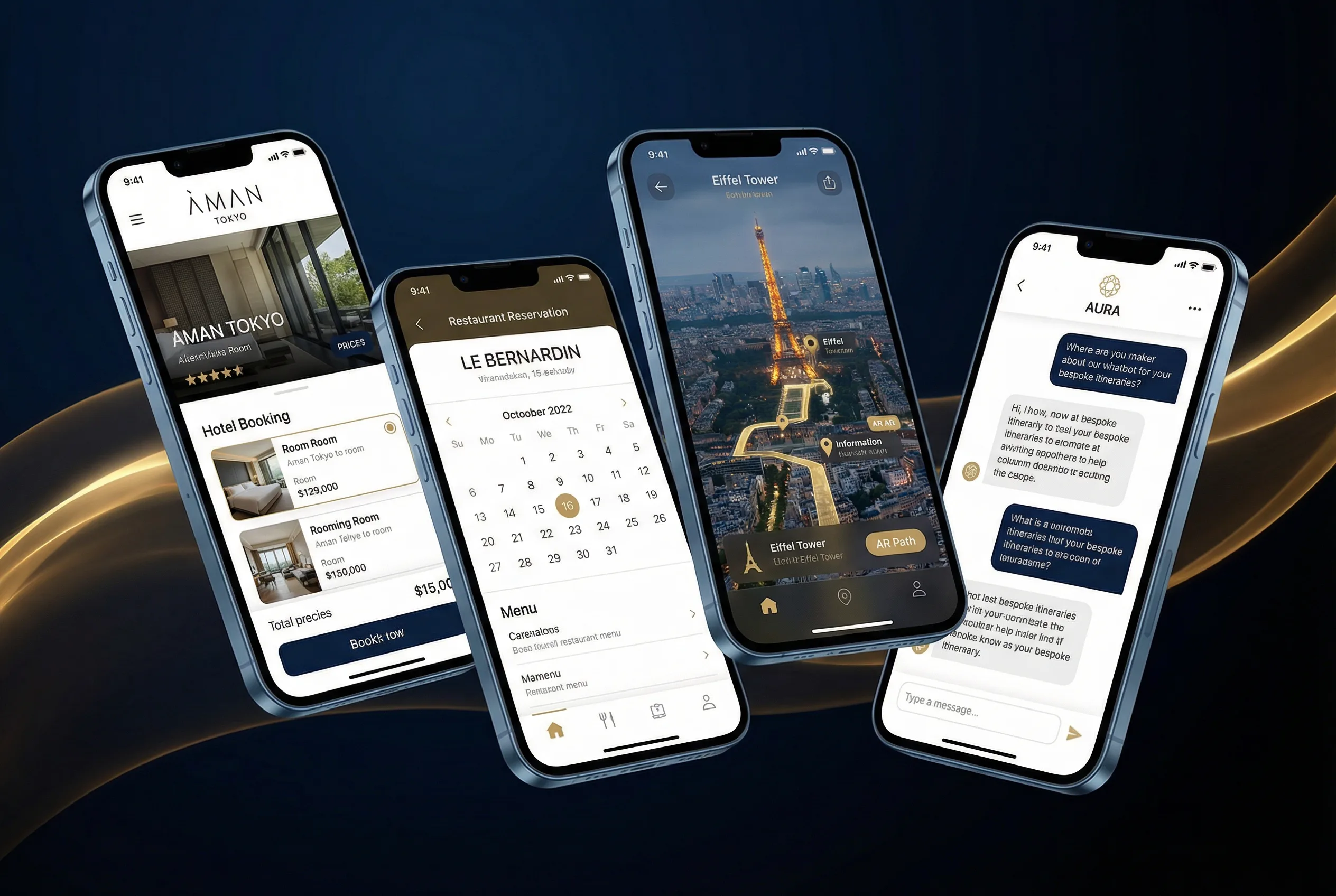 APP功能展示界面，包含酒店预订、美食推荐、景点导航等多个功能模块